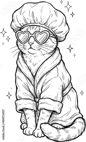 Cool cat after bath vector illustration. Cute cat wearing bathrobe shower cap and sunglasses. Hand drawn outline line art for print coloring and pet decor