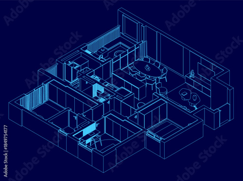 Detailed architectural blueprint of a house floor plan on a blue background, highlighting the kitchen and living room layout with clean contour lines.