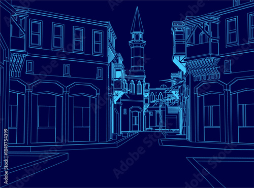 An Arabic city contour blueprint features a central clock tower and detailed building windows along a peaceful street under a deep blue sky.