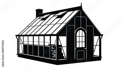 Black silhouette of a traditional greenhouse with glass panels and a chimney against a isolated on white background
