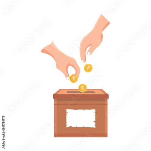 Donation box with hands and rupees coins vector, illustration.