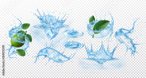 Splash of water. 3D wave. Ice in liquid. Drop lemon in whirlpool, drink aqua. Fluid flow, mint leaves and lime. Realistic spatters. Plop in ripple. Vector exact illustration on transparent background