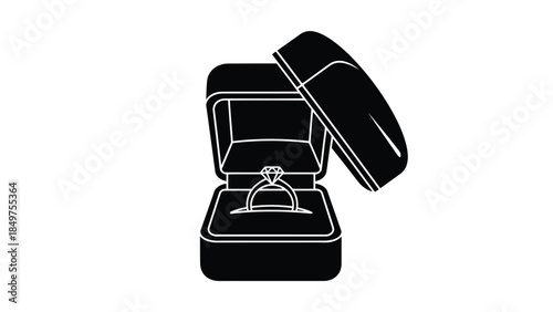 Minimalist black silhouette of an open jewelry box with a diamond ring inside flat design isolated on white background