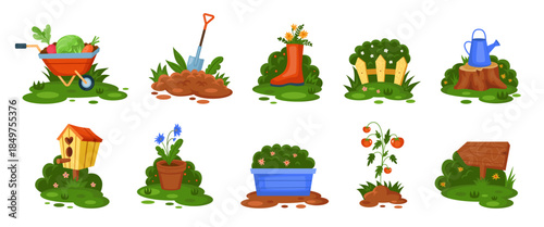 Spring garden. Plant pot design. Cartoon flower nature. Green bush fence. Seedling sticker. Gardening tools. Flowerpot and wheelbarrow. Digging shovel. Vegetable grow. Summer backyard. Vector tidy set