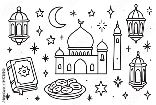 Ramadan Kareem Hand Drawn Doodle Collection with Mosque, Lanterns, Holy Quran and Dates