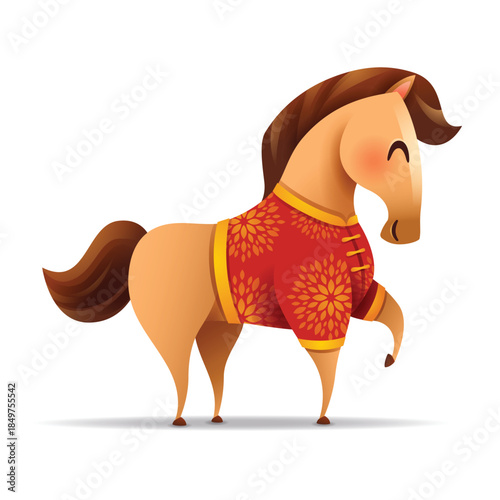 Cute Little Cartoon Horse with Chinese Traditional Costume. Chinese Zodiac