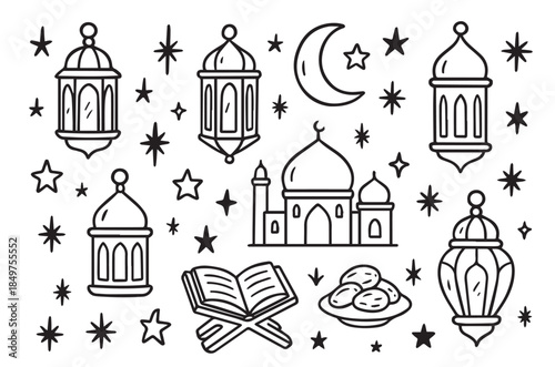 Ramadan Kareem Hand Drawn Doodle Set with Lanterns, Mosque, Quran and Dates