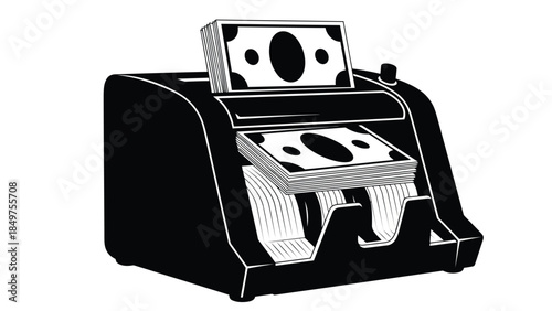 Black silhouette of a money counter machine with cow print bills on a isolated on white background