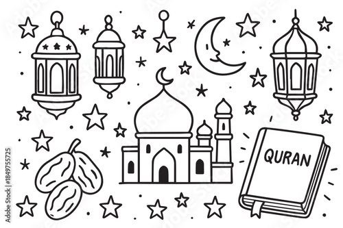Ramadan Kareem Hand Drawn Doodle Set with Lanterns, Mosque, Moon and Dates