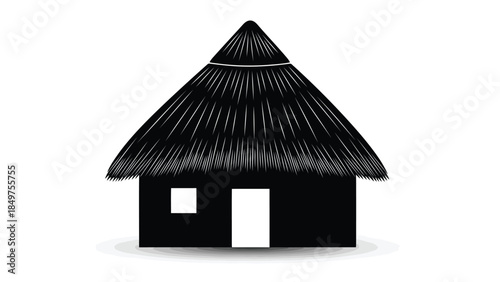 Minimalist black silhouette of a traditional thatched roof hut with a door and window isolated on white background