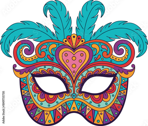 Ornate Venetian masquerade mask with heart motif and teal feathers