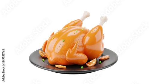 Glossy 3d rendered roasted chicken with orange slices and sprinkles on a dark serving platter