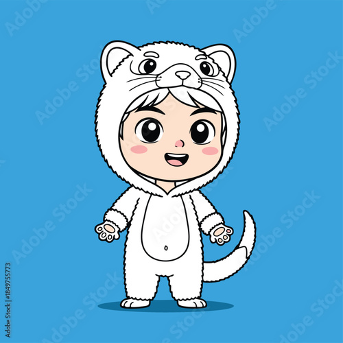Cute cartoon child dressed in a white ferret costume.