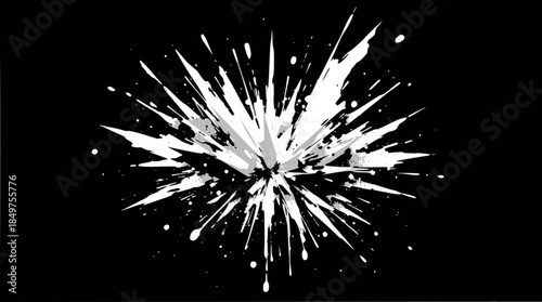 Dynamic white paint splash or ink explosion on a stark black background, creating an abstract burst pattern.