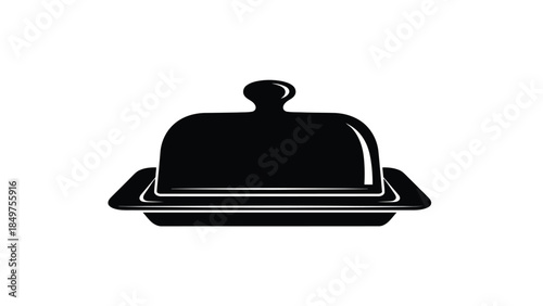 Black silhouette of covered serving dish on tray, flat design symbol isolated on white background