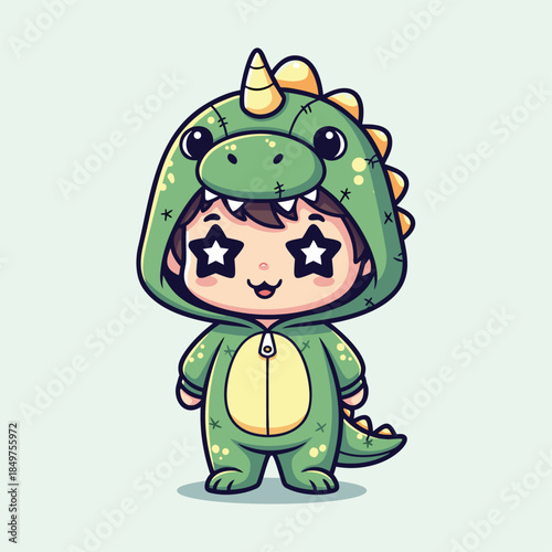 Cute cartoon child in dinosaur costume.