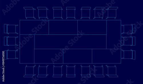 A meeting room blueprint with a detailed seating plan of white chairs on a deep blue background. The contour lines define the organized arrangement for an event or presentation.