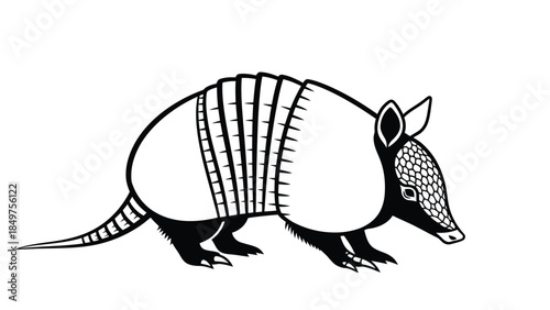 Black and white armadillo walking profile view flat illustration isolated on white background