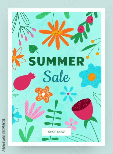Summer sale. Bright floral poster, doodle leaves and flowers typography card, shop promotion, modern retail promotion, social media template, print for online seasonal shopping. Vector illustration