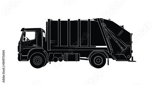 Black silhouette of a garbage truck against a isolated on white background