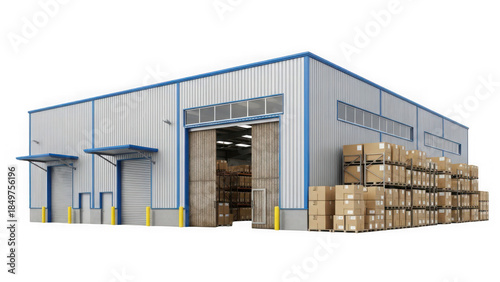 Modern industrial warehouse building with stacked cardboard boxes outside isolated on transparent background