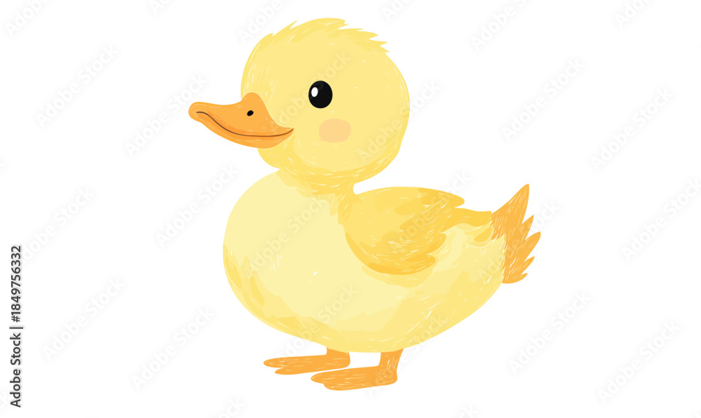 Fototapeta premium Cute yellow baby duck watercolor illustration with orange beak and feet standing side view isolated on white background for spring and nature designs