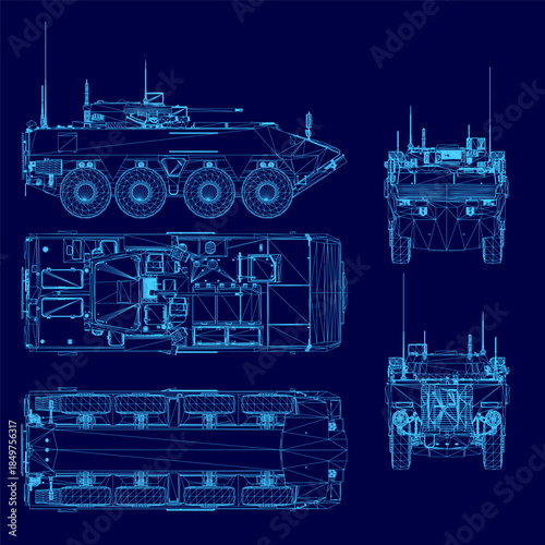 Detailed blueprint of an armored personnel carrier on a blue background, featuring a technical wireframe view of its tracks, wheels, and internal components for military design.