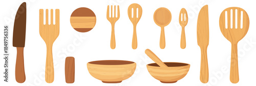 Wooden kitchen utensils set including knife fork spoons spatulas bowls cutting board and salt shaker natural eco friendly cooking tools vector illustration