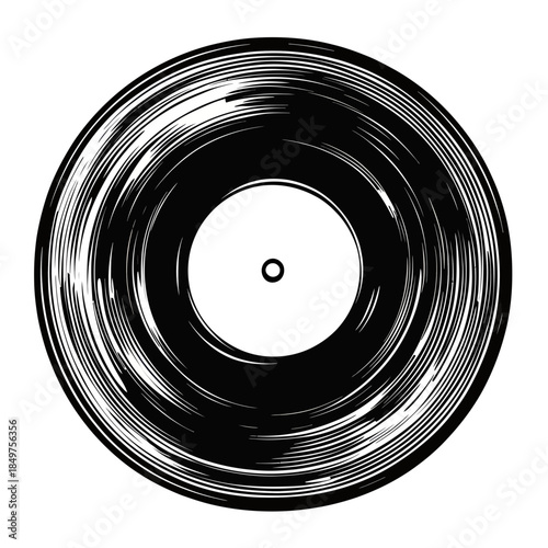 Black and white circular vinyl record icon with abstract brush stroke texture in minimalist flat vector style for music design and retro themes