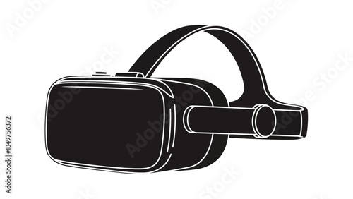 Black silhouette of virtual reality headset with white outline isolated on white background