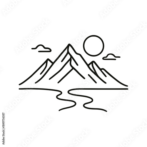 Minimalist mountain landscape with sun and river outline.