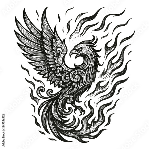 Intricate black and white phoenix artwork with flaming feathers.