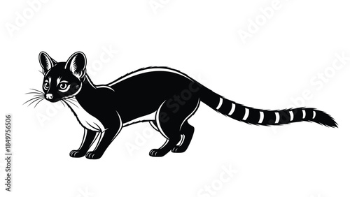Black lemur cat like animal standing profile view flat illustration isolated on white background