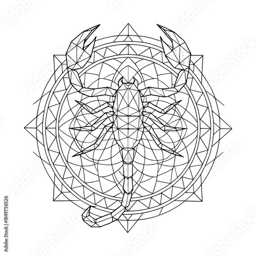 Geometric scorpion design with intricate mandala patterns.