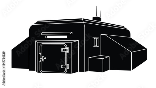 Black silhouette of a bunker with a door and antennae on a isolated on white background