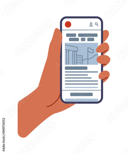 Read news. Smartphone screen. Hand holding mobile phone. Online newspaper. Display touchscreen. Newsletter article. Magazine reportage. Media journal. Web publication. Device in arms. Vector concept