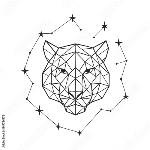 Geometric panther head with star constellations.