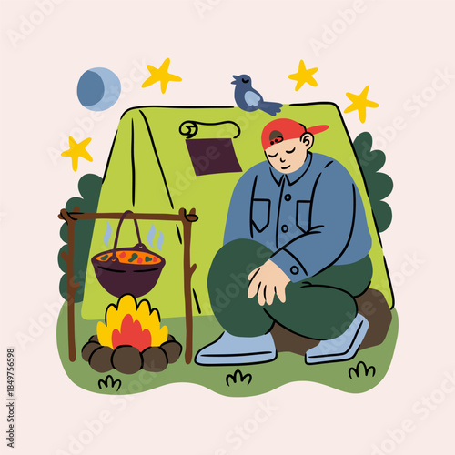 Camping tourism. Man resting in tent at night, cooking on campfire, peaceful relax outdoor travel in forest. Hiker adventures. Happy traveler character. Vector cartoon flat style isolated illustration