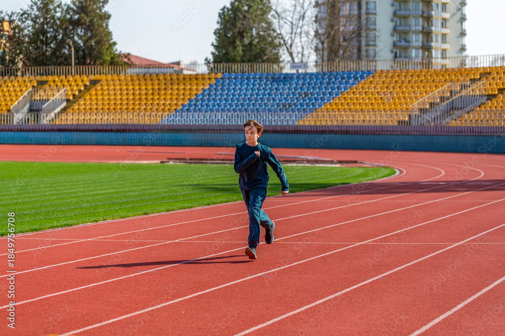 Fototapeta premium Little boy at athletics competition race. Young athlete in training. Runner exercising. Jogging for kid. Child running in stadium. Kids run on outdoor track. Healthy sport activity for children