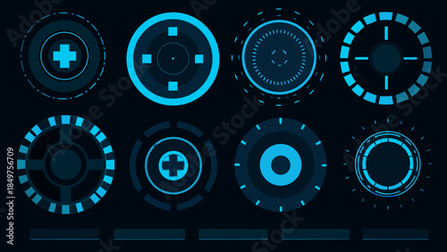 Collection of futuristic teal and dark blue circular interface elements