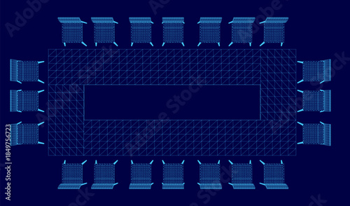 A detailed wireframe blueprint for a meeting room, showing table and chairs. Top view
