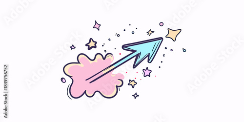 Hand drawn arrow with pink cloud burst and sparkling star accents, cute anime style motion effect vector illustration flat minimalist design