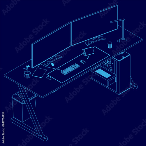 A modern computer setup with dual monitors and keyboard features a clean blue background, a potted plant, and a coffee cup on the desk.
