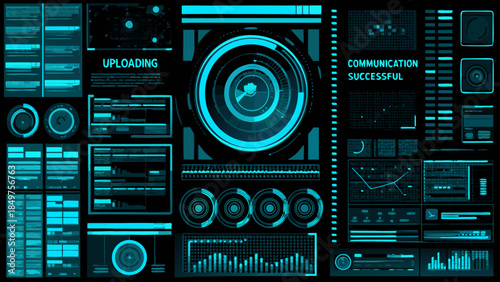 Futuristic interface display with glowing blue data visualizations and uploading status