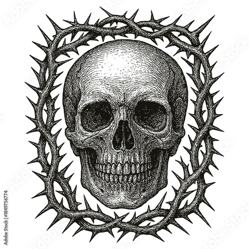 Intricate skull with thorny frame in detailed monochrome design.