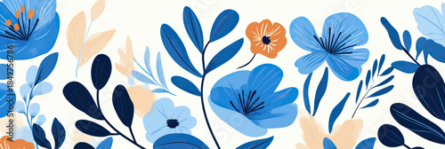 Seamless floral pattern with blue vintage flowers and leaves in flat minimalist vector style for background or invitation design