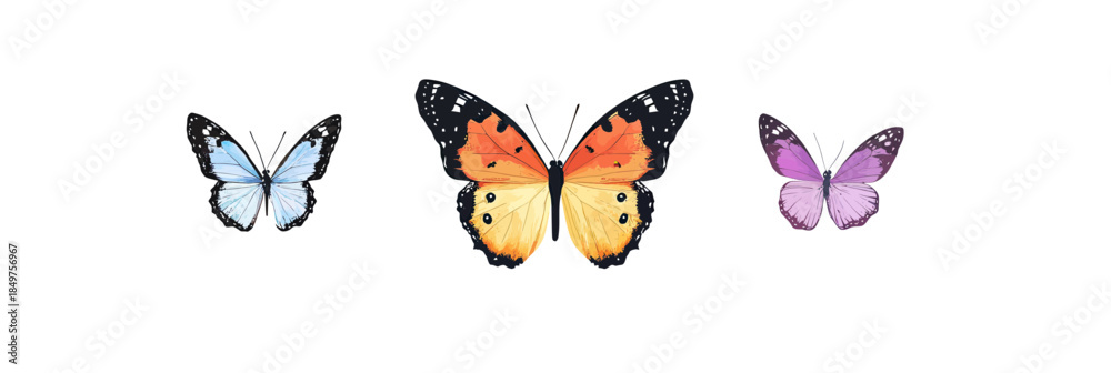 Fototapeta premium Three colorful butterflies with detailed wings isolated on white background in flat minimalist vector style featuring blue, orange, and purple insects for nature design