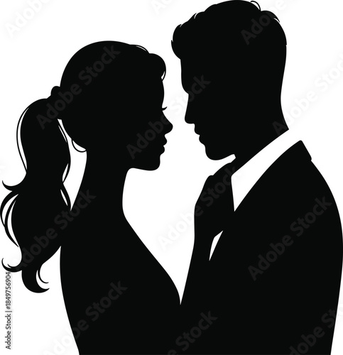 Elegant Black Silhouette Vector of a Bride and Groom Facing Each Other in a Close Minimalist Portrait for Classic Wedding Invitation Design.