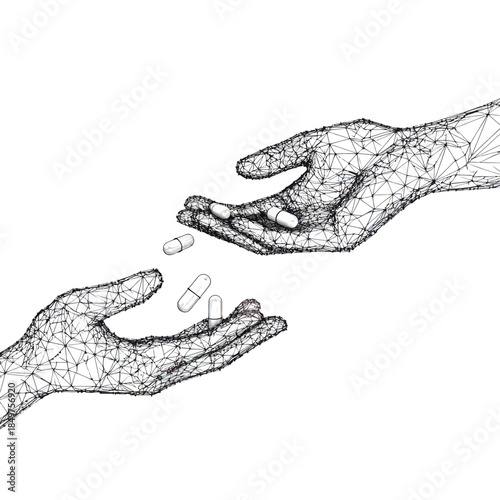 Wireframe digital hands exchanging white capsule pills isolated on white background, low poly mesh medicine and healthcare concept illustration