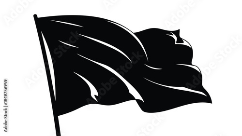 Black flag silhouette waving on a pole isolated on white background